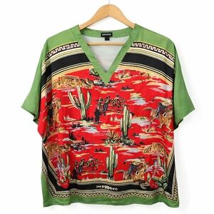 Express Western Cowboy Scarf Print Blouse Red Green Silky V-Neck Rodeo Top